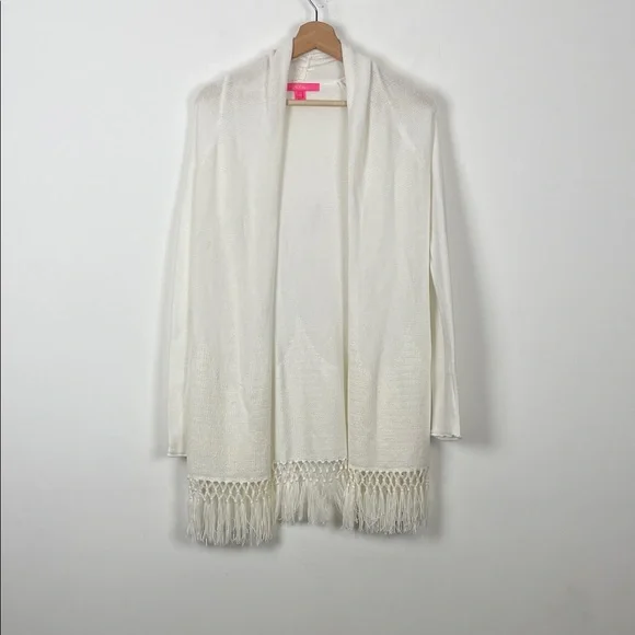Lilly Pulitzer Tatum Long Sleeve White Women's XS Cardigan Sweater with Fringe - Picture 2 of 9